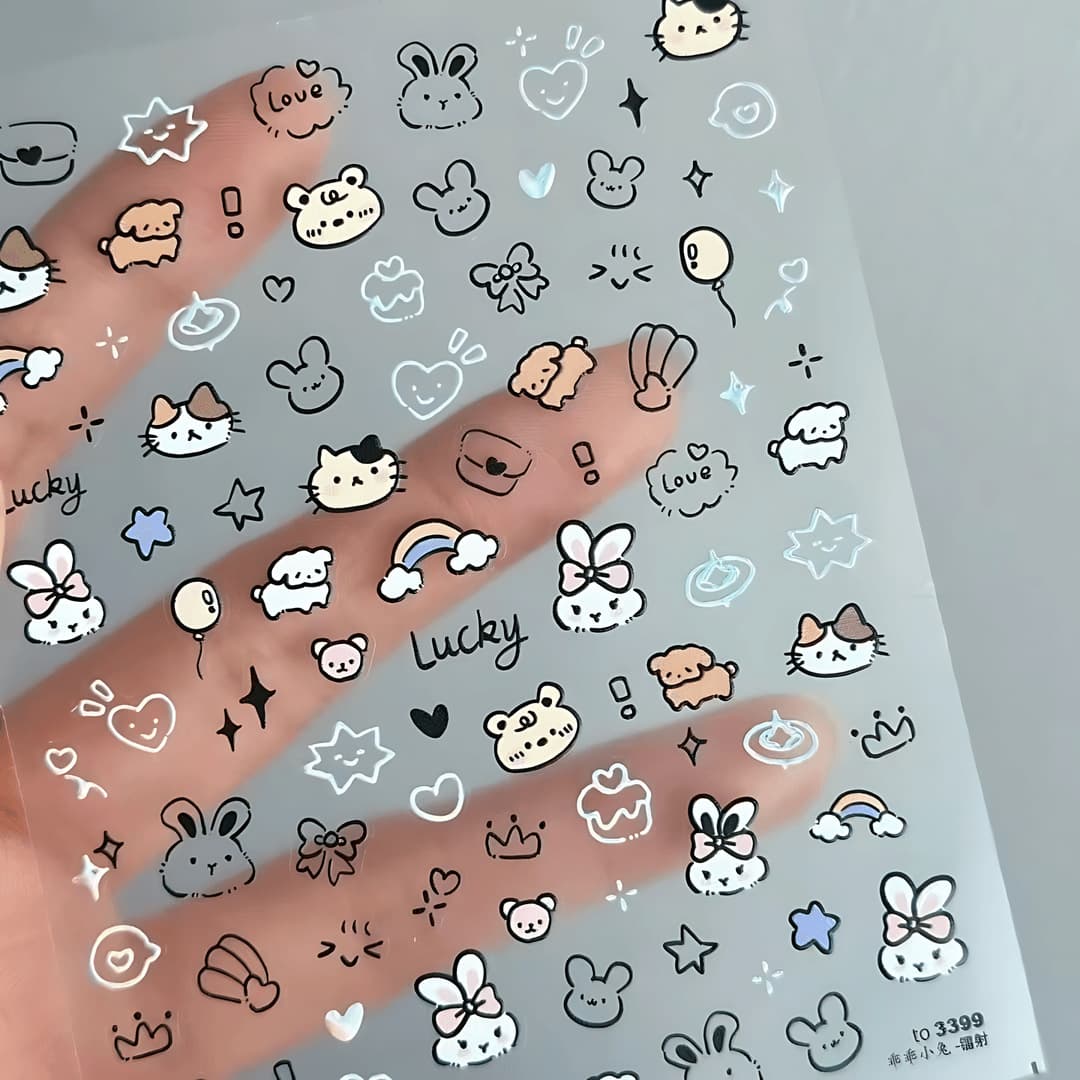 Little Red Book Same Graffiti Bunny Cat Nail Stickers, Cute Ins-style Cartoon Playful Laser Dog Nail Decals