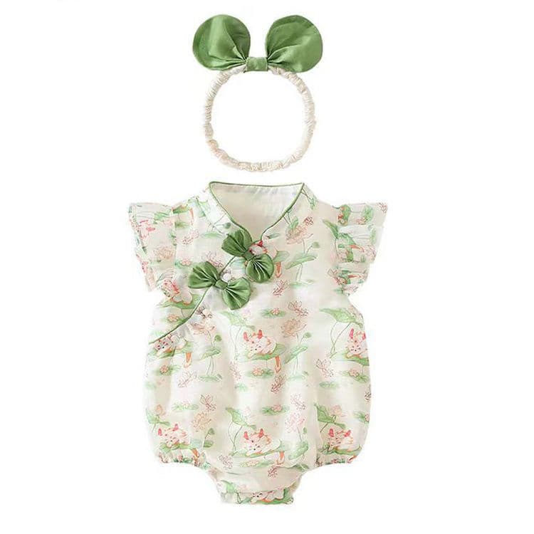 Baby summer thin short-sleeved hooded clothes for girls, Chinese style short-sleeved hooded clothes for babies, newborn harems and hairbands