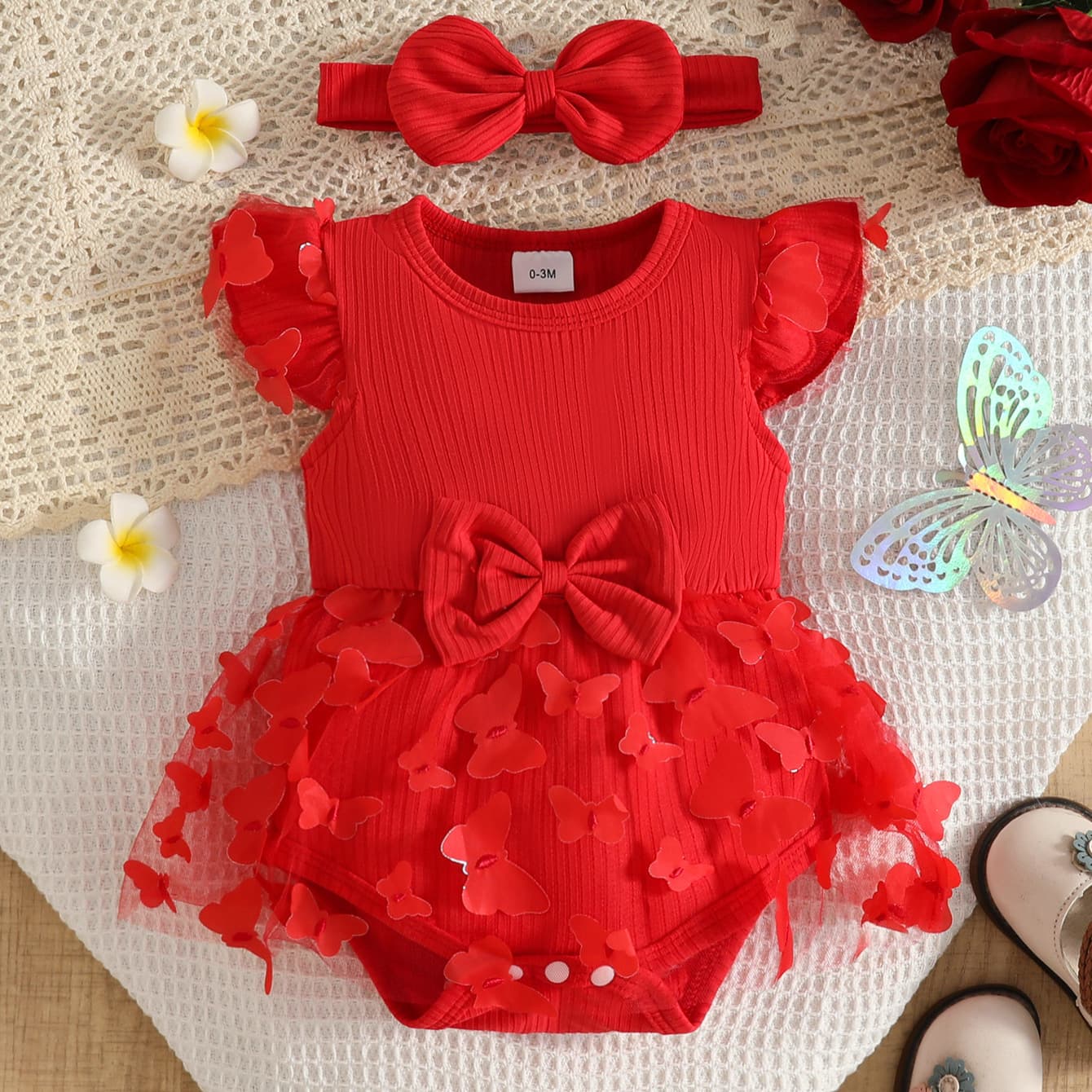 New Baby Girl Butterfly Mesh Fly Sleeve Tutu Dress + Headband, Puffy Princess Dress, Infant Spring and Autumn Style