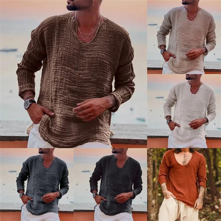 Men's casual loose V-neck linen long-sleeved shirt with distressed edges and frayed details.
