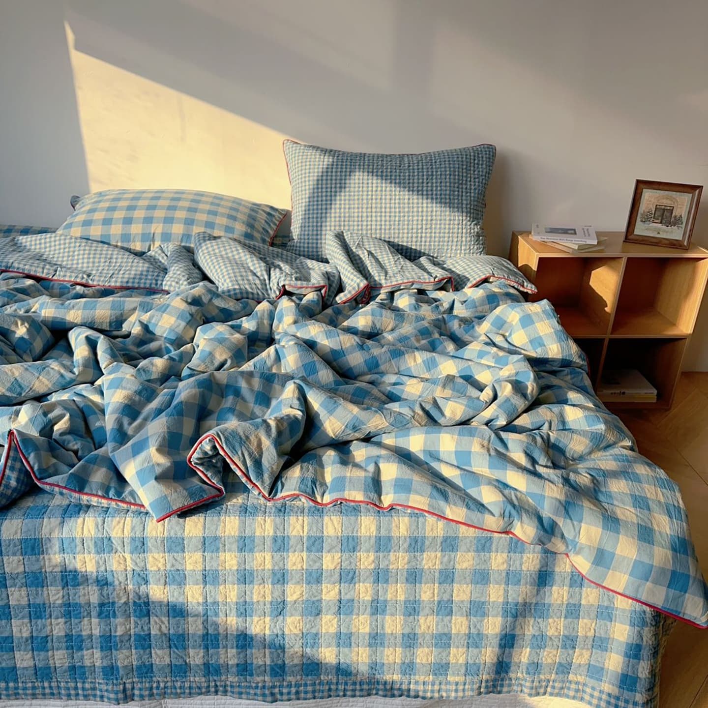 Cotton Washed Gingham Bed Cover Three-Piece Set, Pure Cotton Thickened Quilted Bed Cover and Multifunctional Duvet Cover Summer Blanket