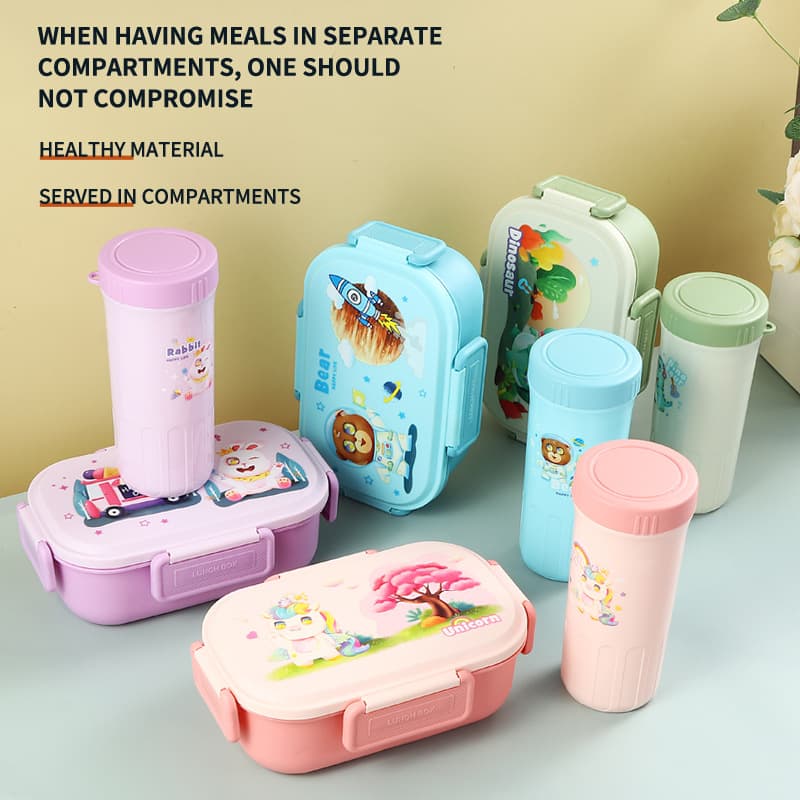 Cross-border foreign trade plastic lunch box set creative cute cartoon compartmented lunch box student outdoor lunch box drinking cup