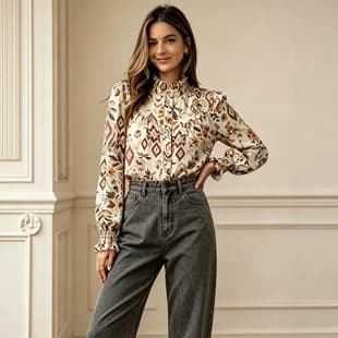 Amazon EU/US Cross-Border Women's Fashion Autumn New Top French Retro Ruffle Collar Floral Loose Blouse