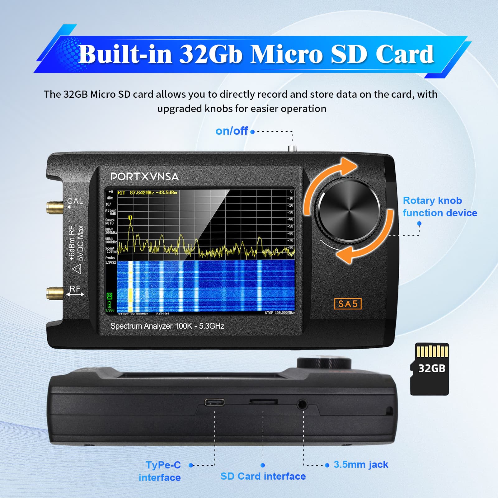 4-inch IPS LCD SA5 multifunctional handheld spectrum analyzer 100k-5.3GHz with signal generator