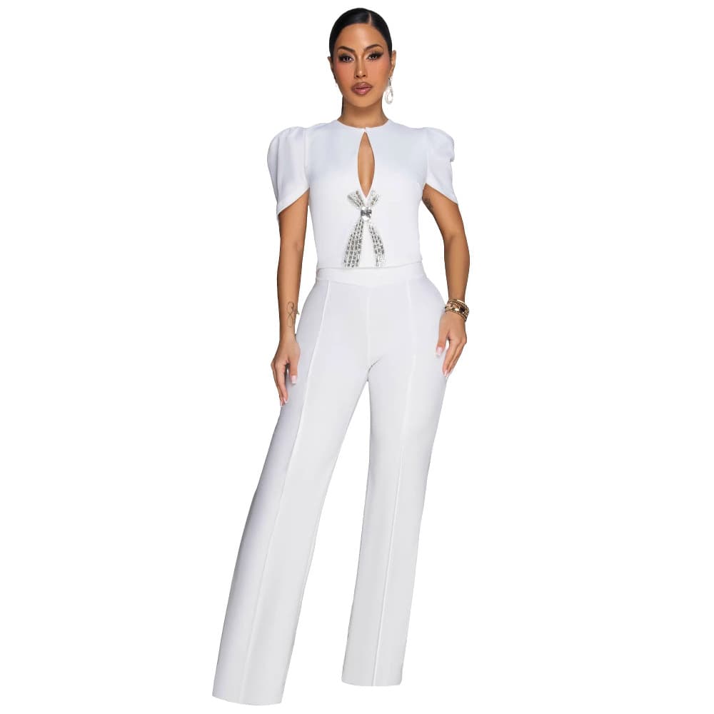 AJ4478 Cross-Border Source European and American Women's Fashion Short Sleeve Casual Wide-Leg Jumpsuit with Line Bow Decoration