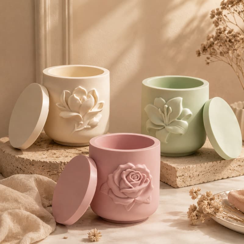 Embossed Candle Cup Silicone Mold Rose Magnolia Lily Candle Cup with Lid Decorative Plaster Resin Mold