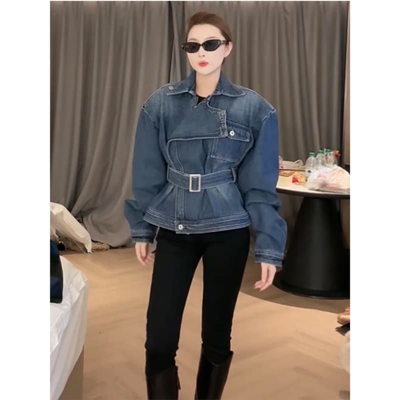 Vintage Short Denim Jacket for Women 2025 New Trendy Tie-Waist Notched Collar Cropped Coat for Petite