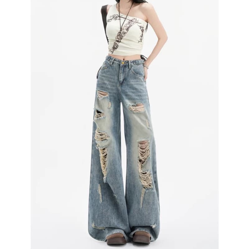 High Street American Ripped Wide Leg Jeans for Women Fall New Style Vintage Blue High Waist Loose Fit Draped Straight Leg Long Pants
