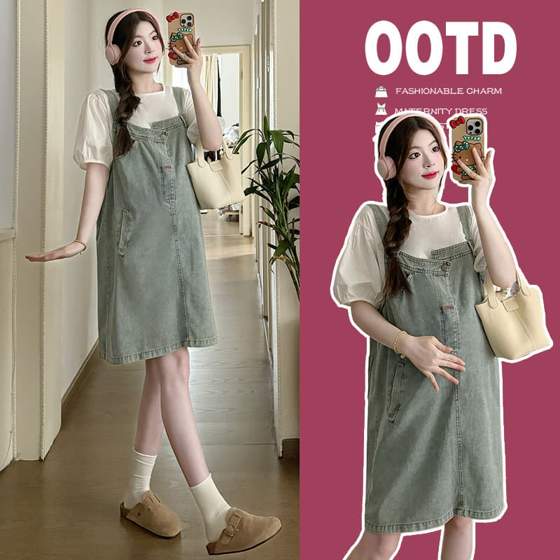 Maternity Denim Suspenders Dress Summer 2024 Retro Sweet Age-Reducing Milk Series Outfit Set