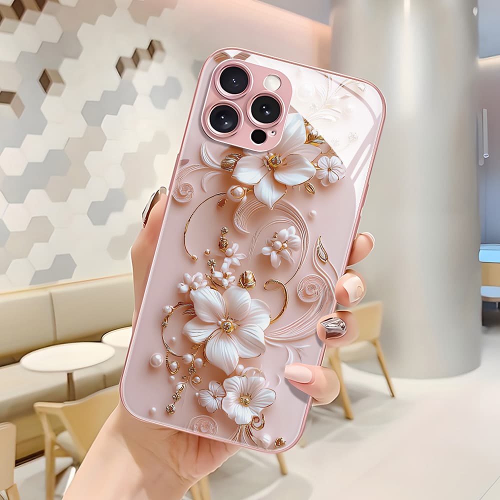 For iPhone 17 Pink Tone Rich Flower Metallic Paint Phone Protective Case Full Coverage 13 Precision Hole 16/15/14 Glass