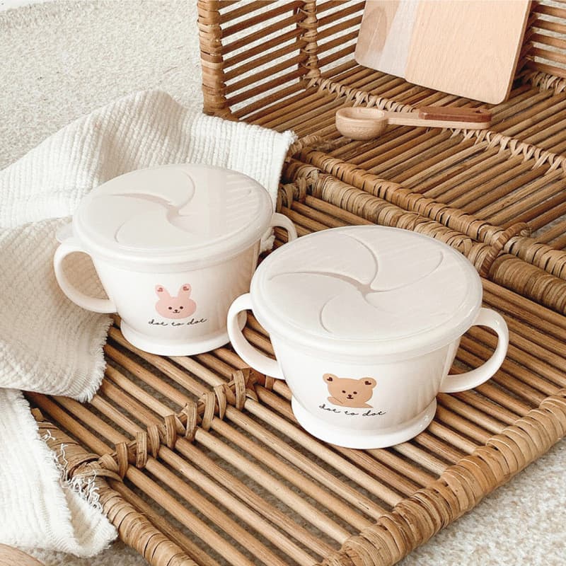 Ins Korean Infant Bear Double-Ear Baby Snack Cup Spill-Proof Snack Storage Box Leak-Proof with Lid Dessert Bowl