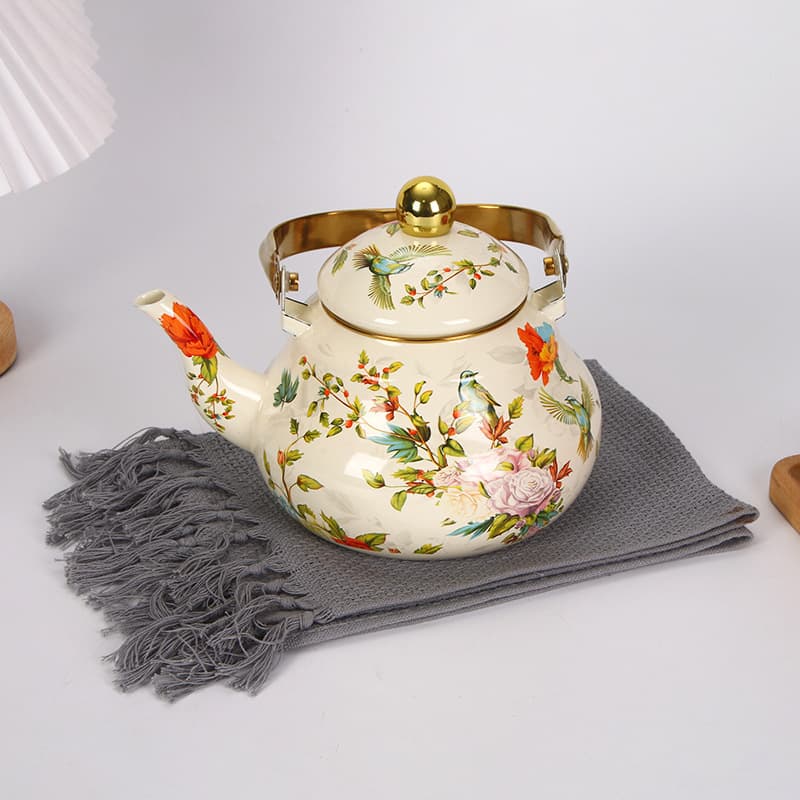 Export Milk Tea Pot Enamel Kettle Gold Handle Pear-Shaped Pitcher Cold Water Jug Steel Handle Kettle Boiling Water Pot High-Temperature Decal