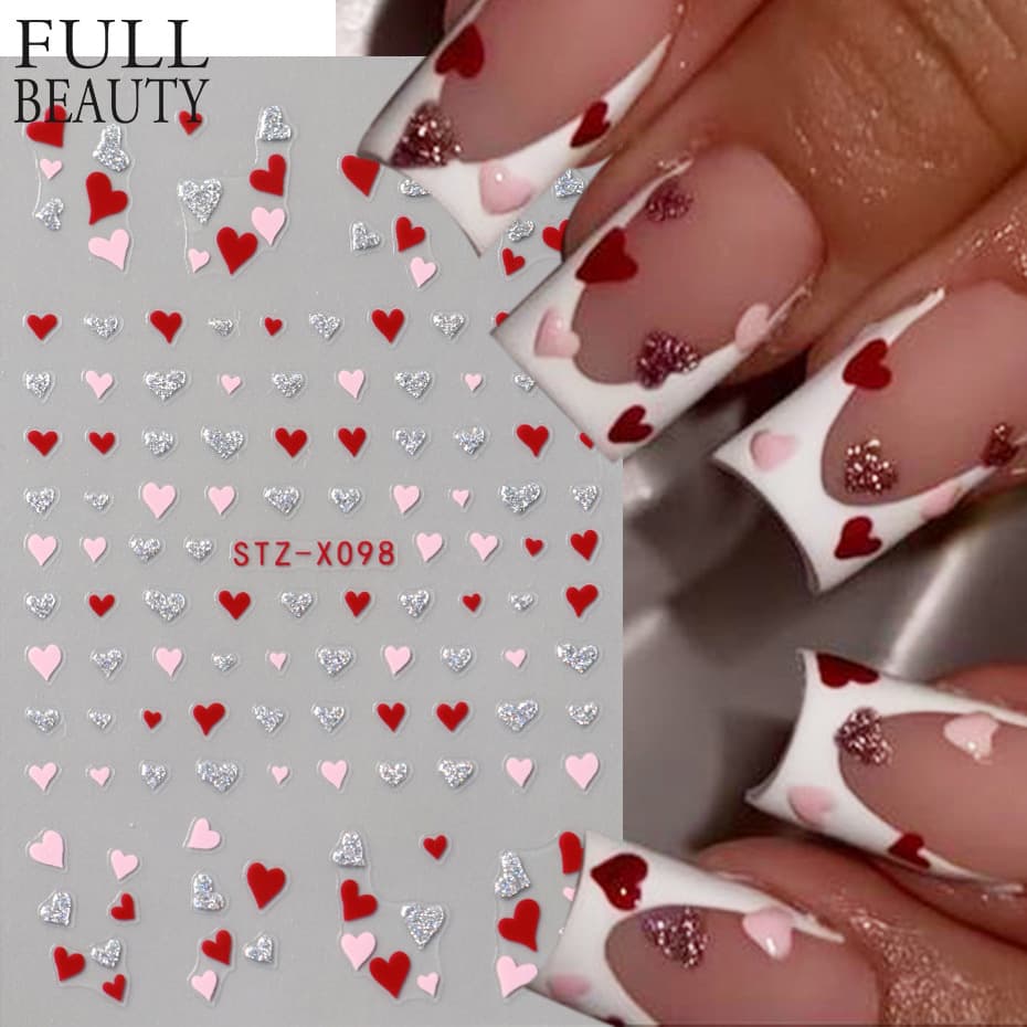 New Cross-Border Nail Art Stickers Valentine's Day Romantic French Style Love Heart Pink Red Silver Glitter Love Heart Adhesive Nail Stickers