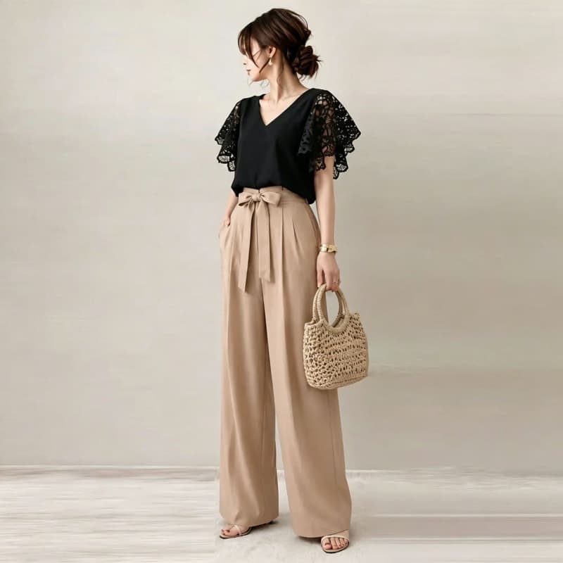 Japanese Cross-Border Export 2026 Summer New Two-Piece Set Ruffle Sleeve Lace Shirt High-Waist Wide-Leg 7/8 Pants