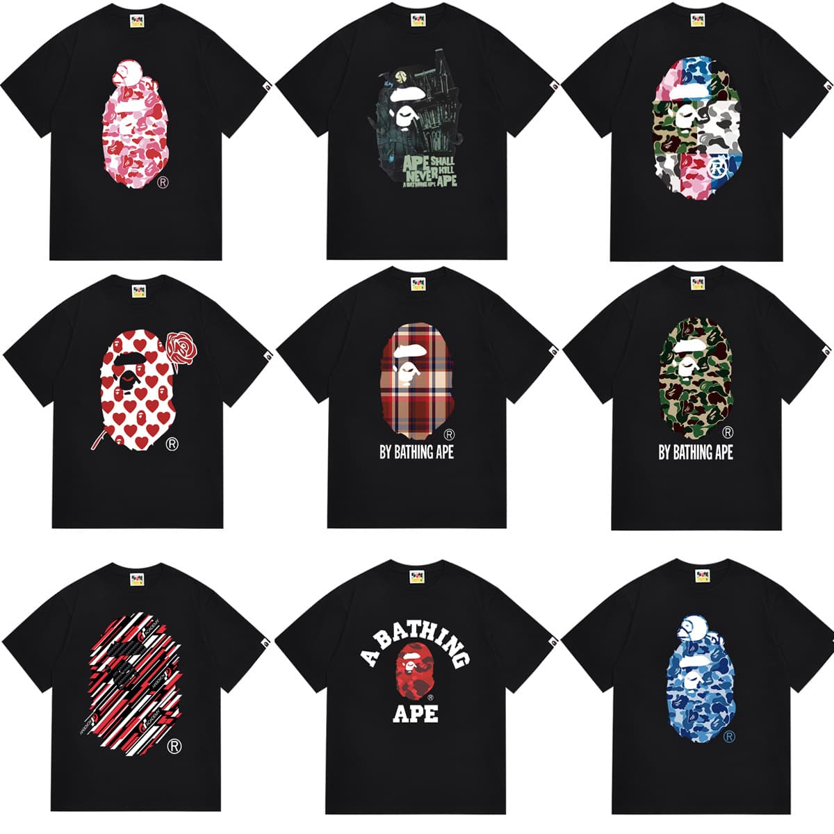 Cross-border Wholesale Bape Long-Term Stable Supply Pure Cotton Double Yarn 240g Unisex Casual Short-Sleeve T-Shirt
