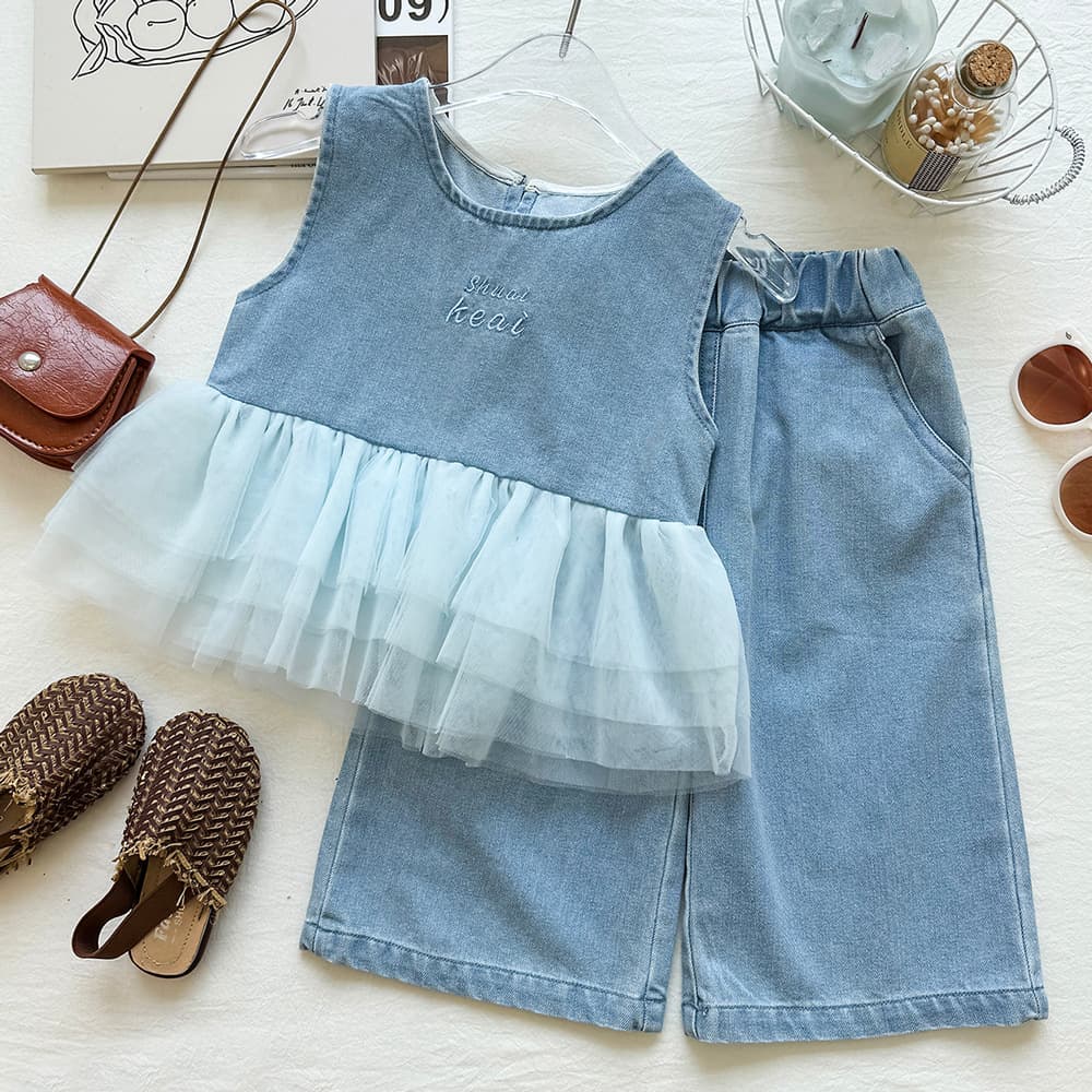 Girls Tulle Cake Hem Letter Embroidery Sleeveless Denim Top Set Summer New Denim Wide-Leg Pants Two-Piece Set
