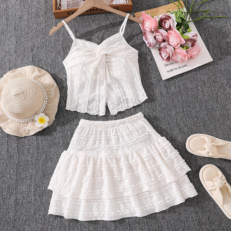 2026 Spring and Summer New Girls Suit Cross-border Fashion Sweet Lace Camisole Ruffled Skirt Suit