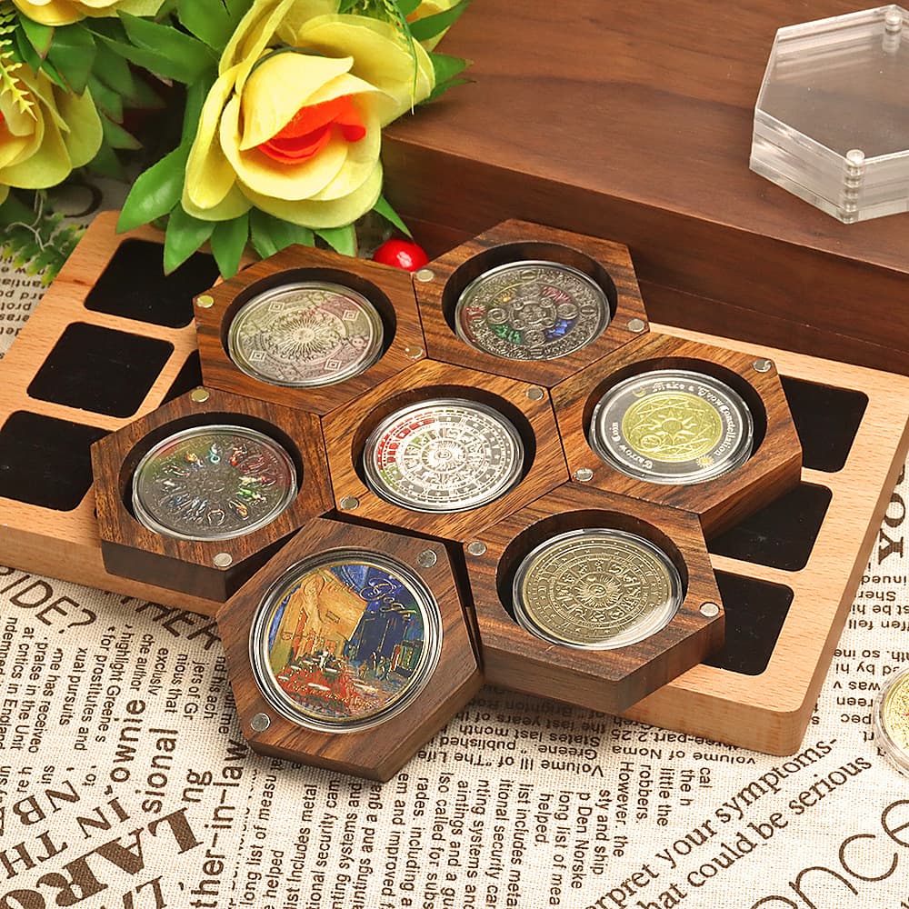 Ebony Hexagonal Commemorative Coin Box Hexagon Wooden Badge Display Stand Wooden Medal Acrylic Lid Magnetic Closure