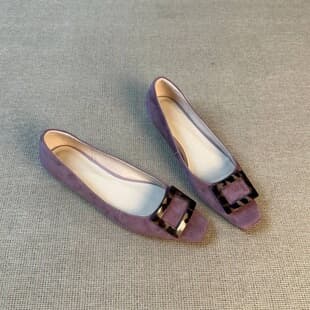 2026 New Purple Square Toe Flats Women Shallow Mouth Gentle Style Suede Low Heel Versatile Tortoiseshell Square Buckle Commuter Shoes