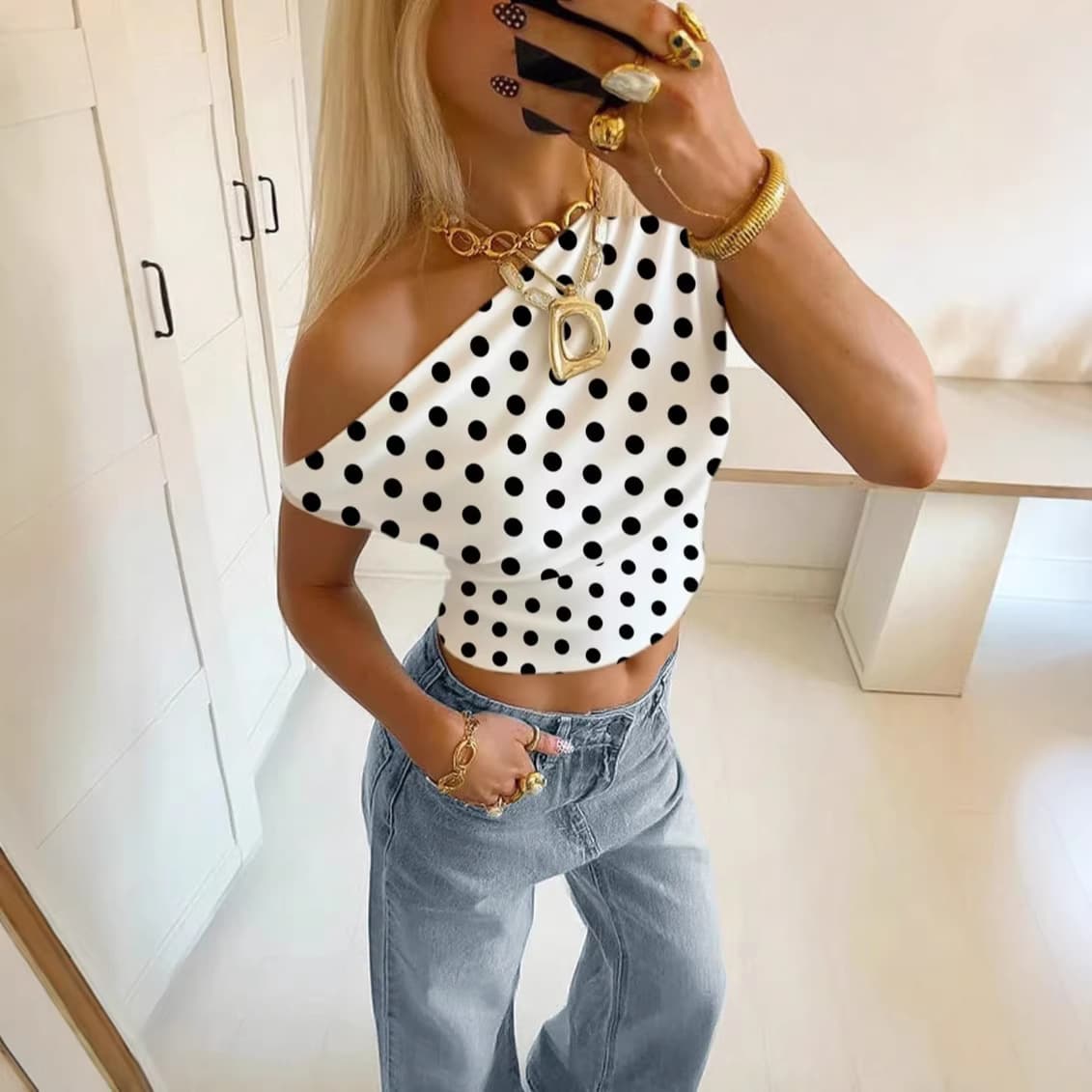 2026 Cross-Border New Summer Polka Dot Sleeveless Women's Top, European and American Elegant Sweet Off-Shoulder One-Shoulder Fitted Top