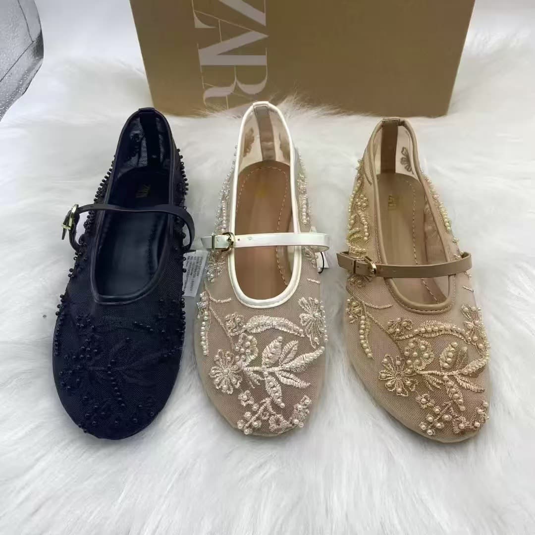 ZA 2025 New Women's Shoes Spanish Embroidery Fashion Low-Top Embroidered Versatile Mesh Flat Shoes