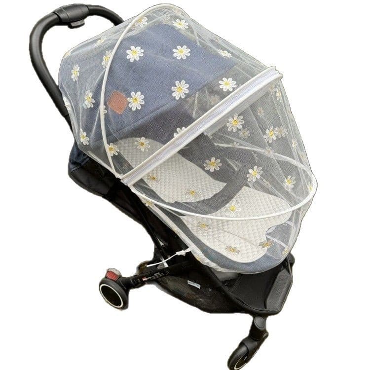 Baby Stroller Mosquito Net Full-Cover Daisy Embroidered Gauze Curtain, Baby Mosquito and Insect Protection Cover, Stroller Mosquito Net for Kids