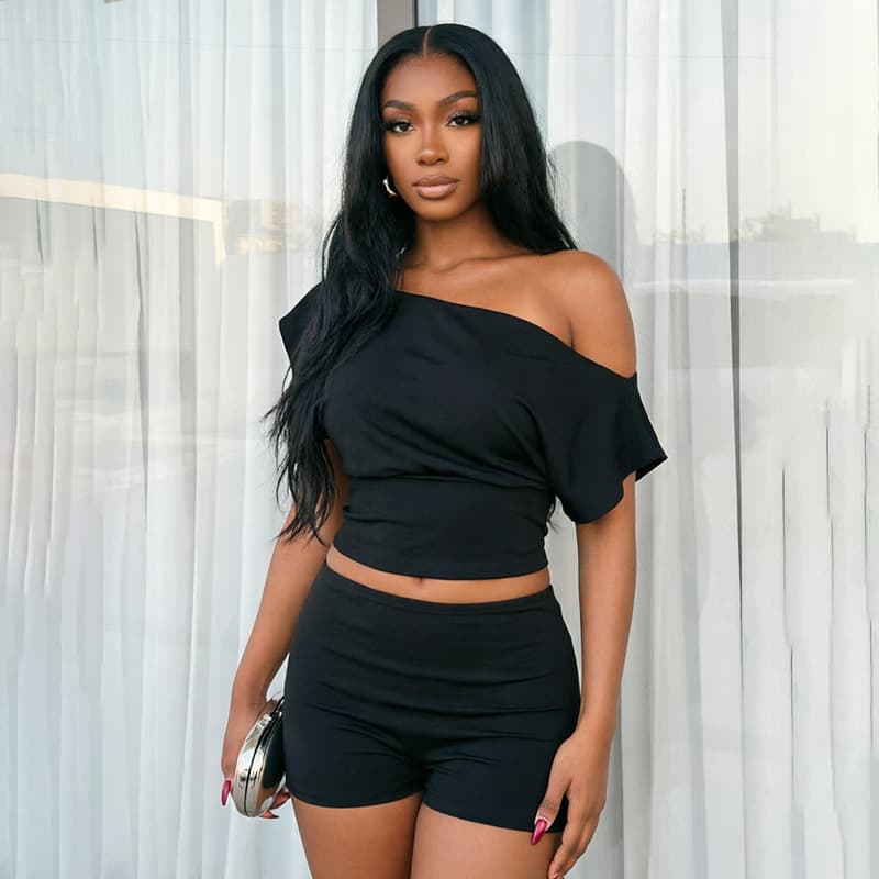 2026 European and American Cross-Border Summer New Women's Sexy Fashion Off-Shoulder Solid Slim Fit Short Sleeve Shorts Set