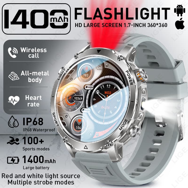 New large-screen disc smart watch, multi-function with flashlight, Bluetooth call, heart rate measurement, blood oxygen sports watch