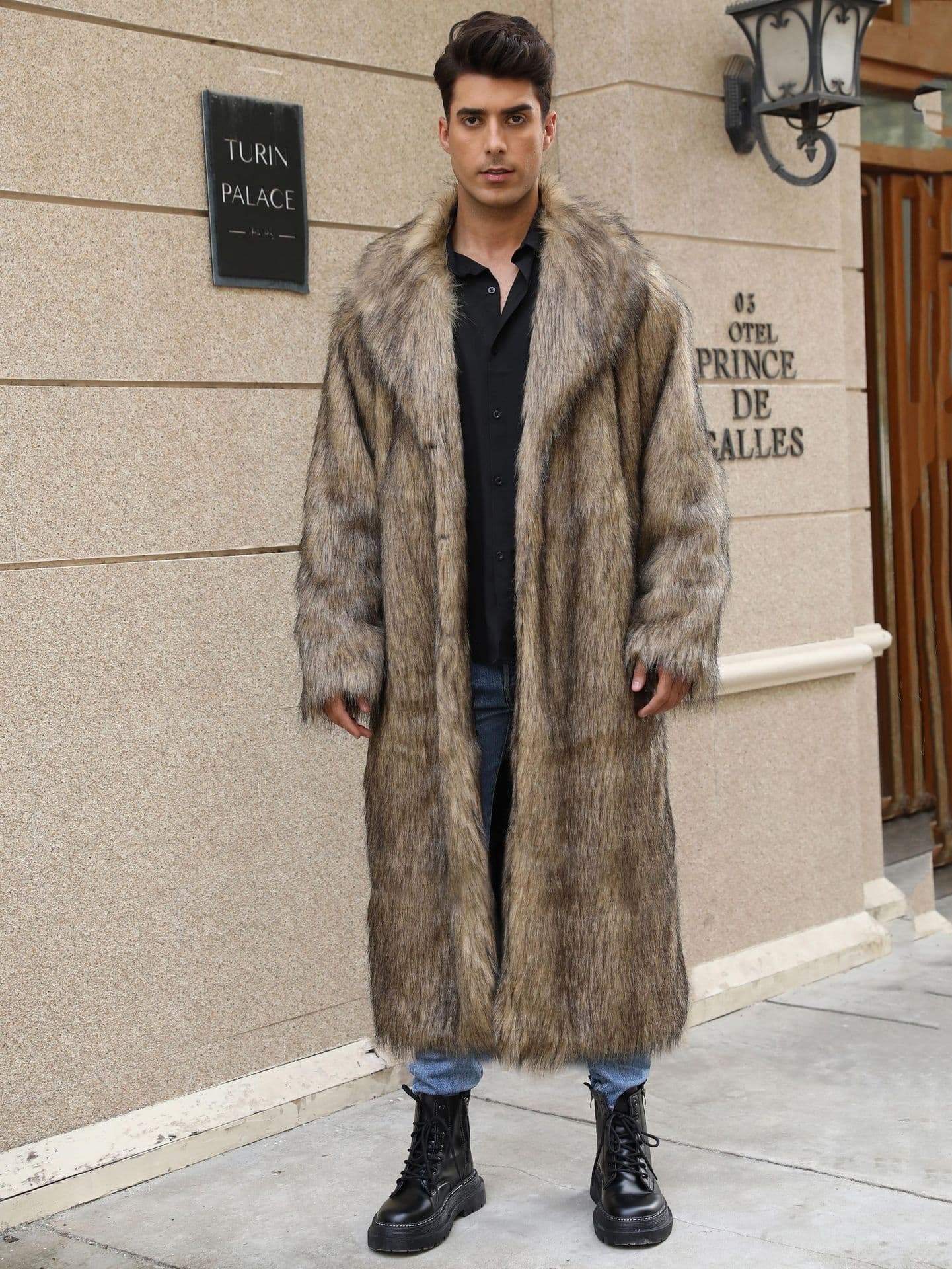 F1037 Cross-border European and American Street Faux Fur Men's Lapel Coat Foreign Trade Warm Long Coat Men's Autumn and Winter Fashionable