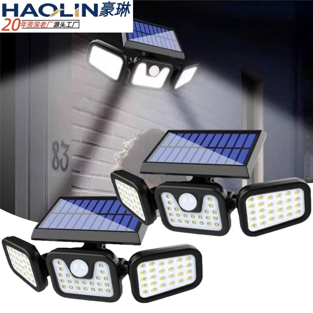 Cross-Border New LED Solar Wall Light with Human Sensor, Three-Headed Rotating Strong Light for Outdoor Waterproof Road Lighting