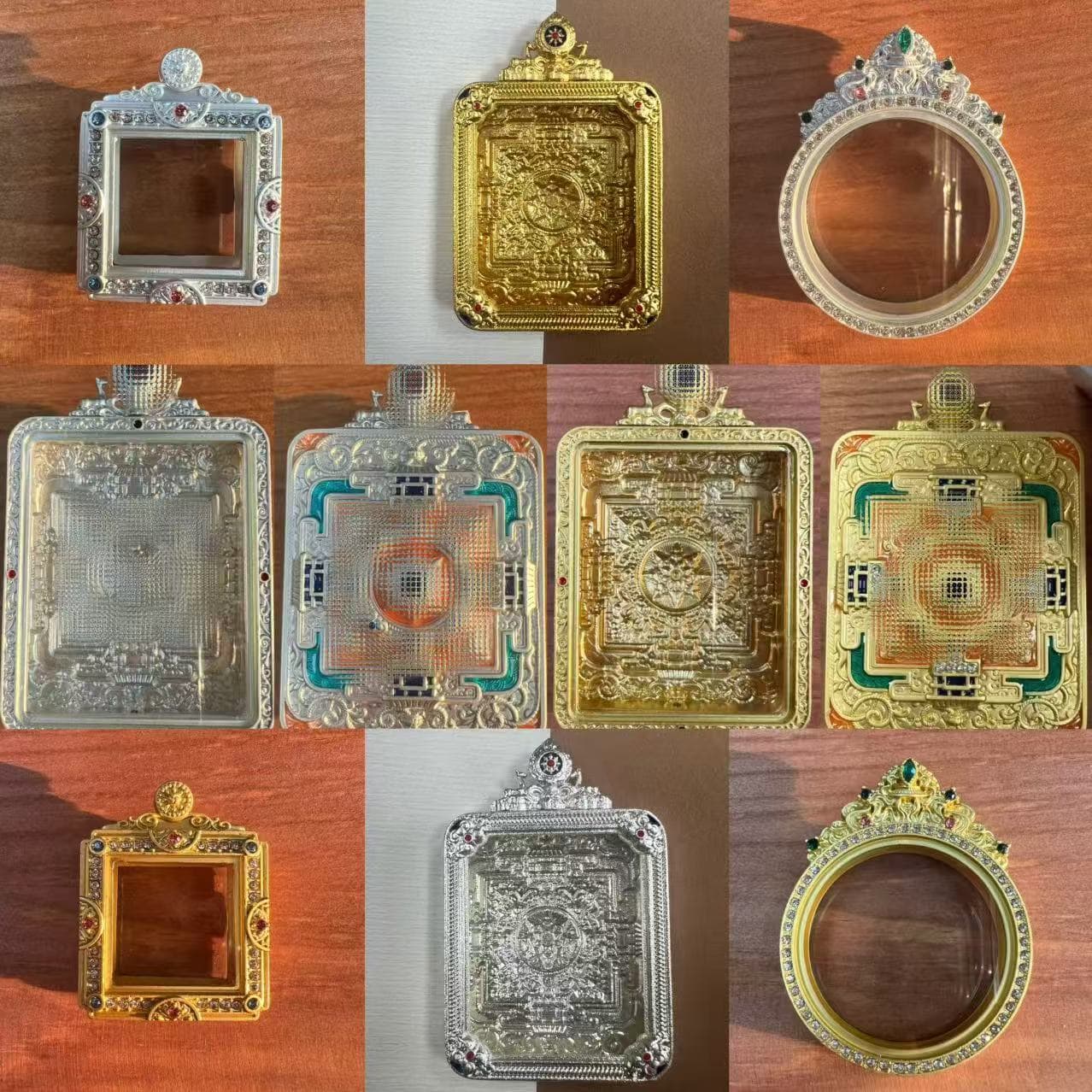 Tibetan Style Single-Sided Alloy Thangka Empty Box Pendant 4x5 Gau Box Glass Four Colors Optional Six Syllables Eight Auspicious Symbols Lotus