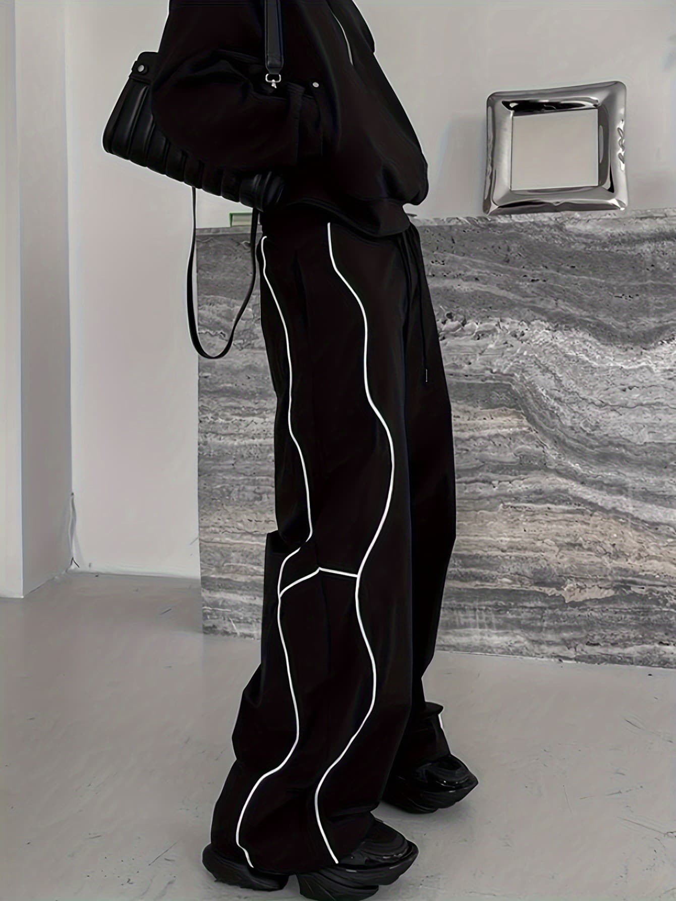 Cross-border Line Decoration Wide-leg Pants for Men Spring/Autumn High-waist Drape Casual Trousers Streetwear Loose Straight Hem Pants