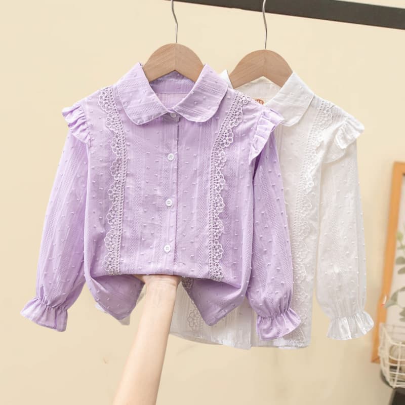 Spring 2024 Children's Long Sleeve Ruffle Collar White Shirt Girls Design Sense French Style Cotton Blend Spring Fashion