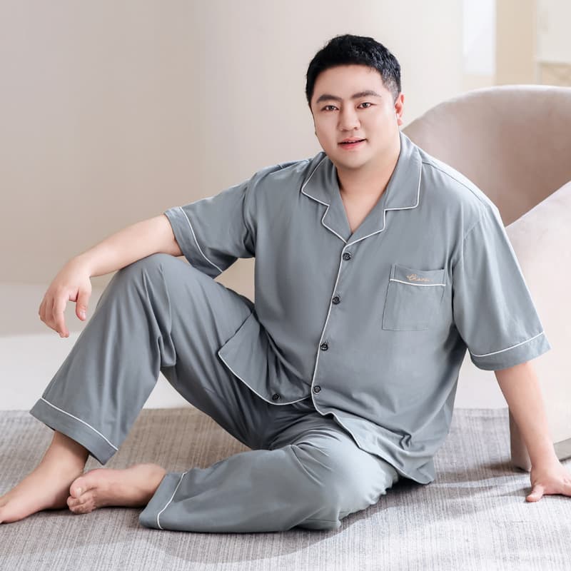 Plus Size Cotton Pajama Set for Men Short Sleeve Top and Long Pants Oversized Full Cotton Thin Home Wear for Big and Tall