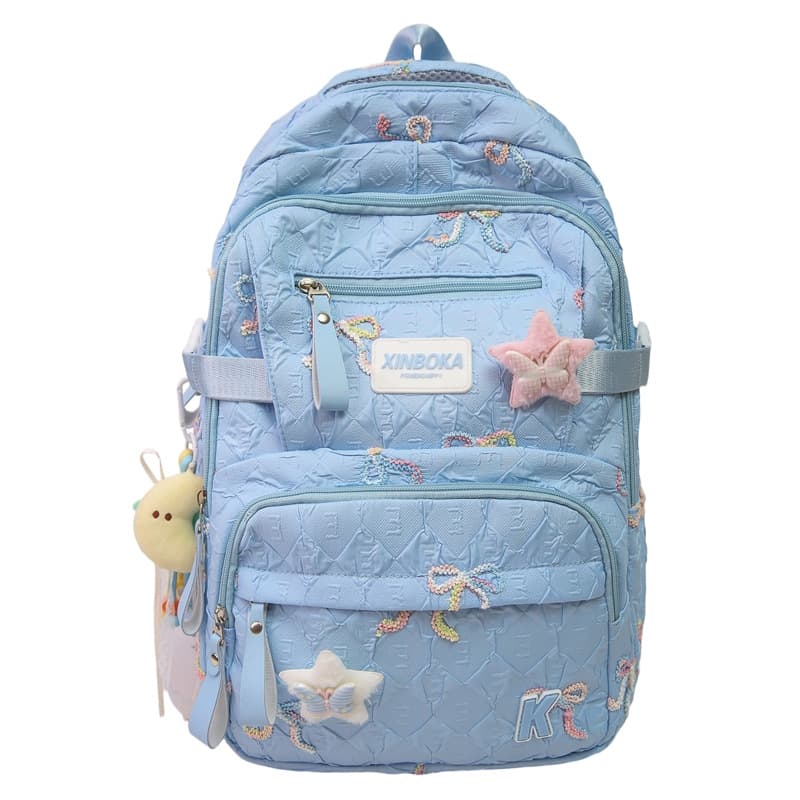 College Student Women's High School Large Capacity Backpack with Wrinkled Embroidery Bow, Lightweight Backpack, Pink