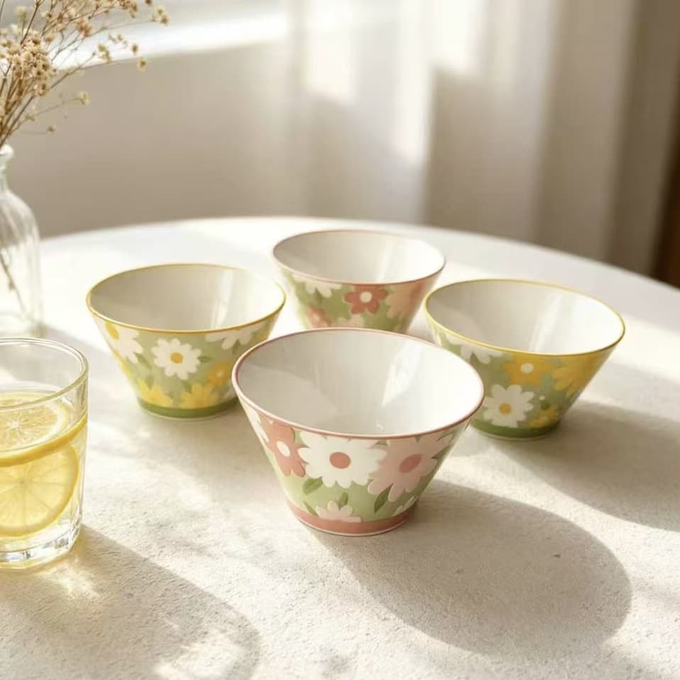 5-inch small daisy bamboo hat bowl 4 ins pastoral fresh style household ceramic rice bowl ceramic underglaze color