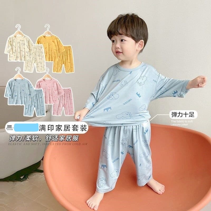 Baby Ice Silk Short Sleeve T-Shirt and Shorts Set, Boys Summer Outfit, Girls Capri Pants Two-Piece Set