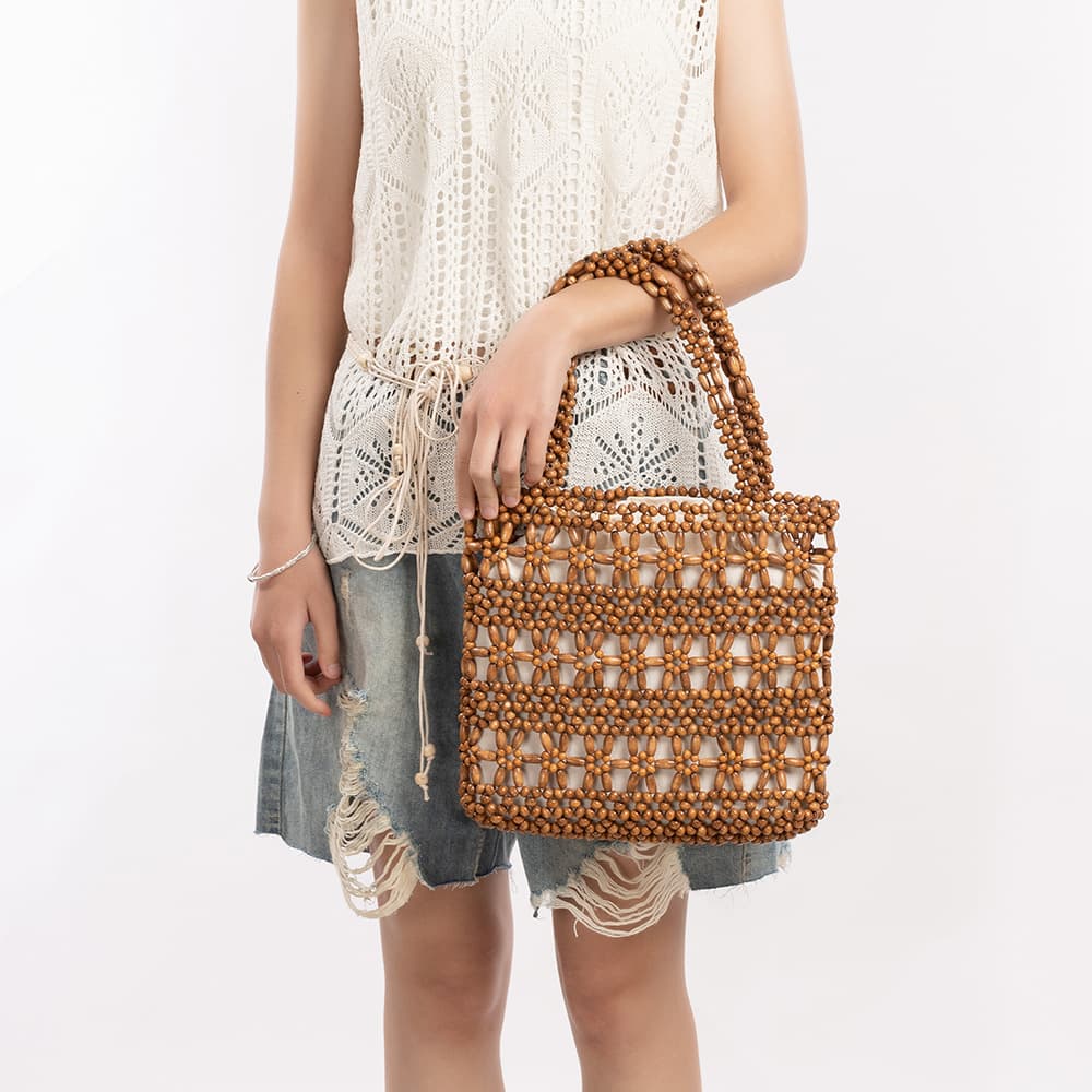 Olei Woven Bag Women's Seaside Beach Vacation Wooden Bead Bag Casual Travel Handbag Pure Color Cut Out Beaded Bag