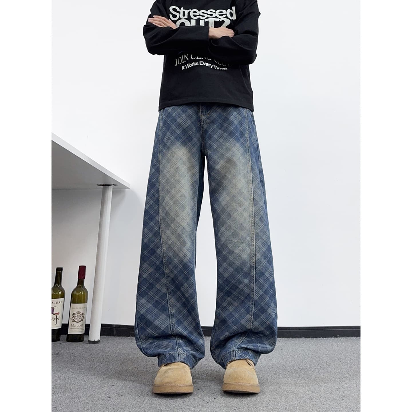 American Retro Washed Plaid Color-Block Jeans Spring Streetwear Distressed Loose Wide-Leg Pants Edgy Curved-Cut Trousers