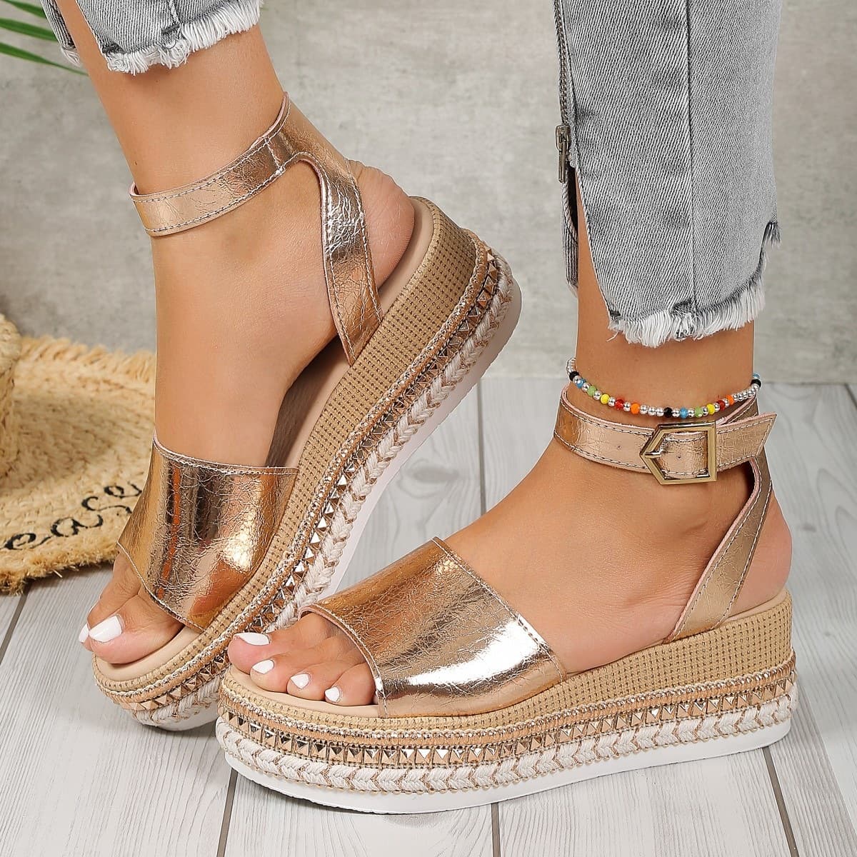 Factory Stock 2026 Summer New Large Size Peep Toe European and American Buckle Wedge Heel Sandals Women Fashion Thick Sole Women Sandals