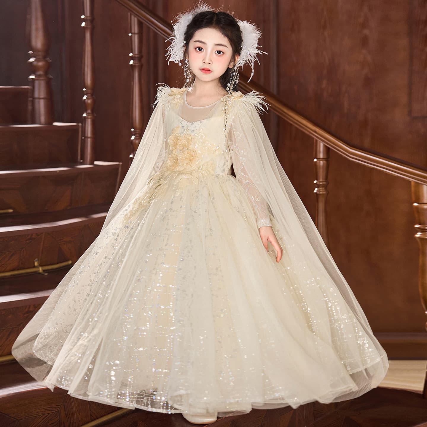 Girls Princess Dress High-End Luxury Gown Flower Girl Wedding Children Host Piano Performance Costume