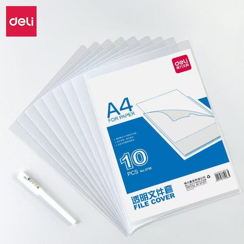 Deli 5706 Transparent File Sleeve, Single Folder, L-Shaped File Bag, Report/Data Folder, 10 Sleeves/Pack