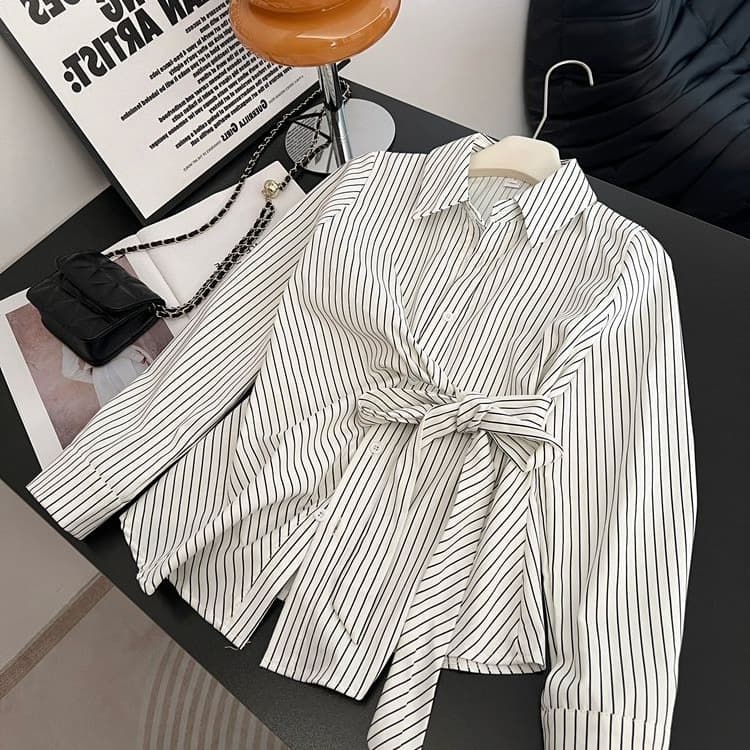 Plus size women's French striped strap waist shirt 2026 spring new fat mm long-sleeved slimming top