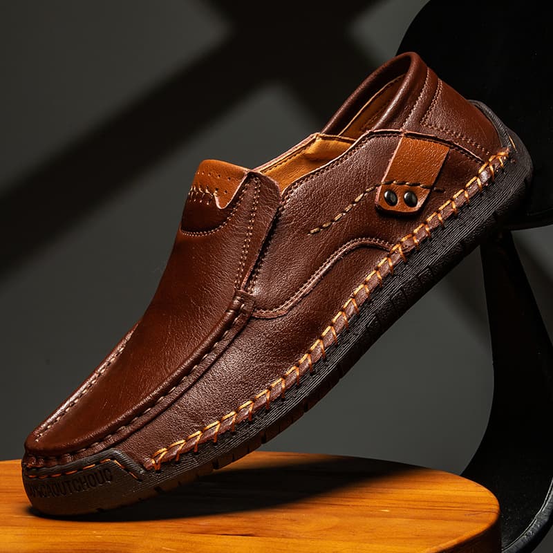 Cross-Border Semi-Handcrafted Hand-Stitched Men's Casual Shoes, Outdoor Slip-On Flat Leather Shoes, Large Size Low-Top Loafers
