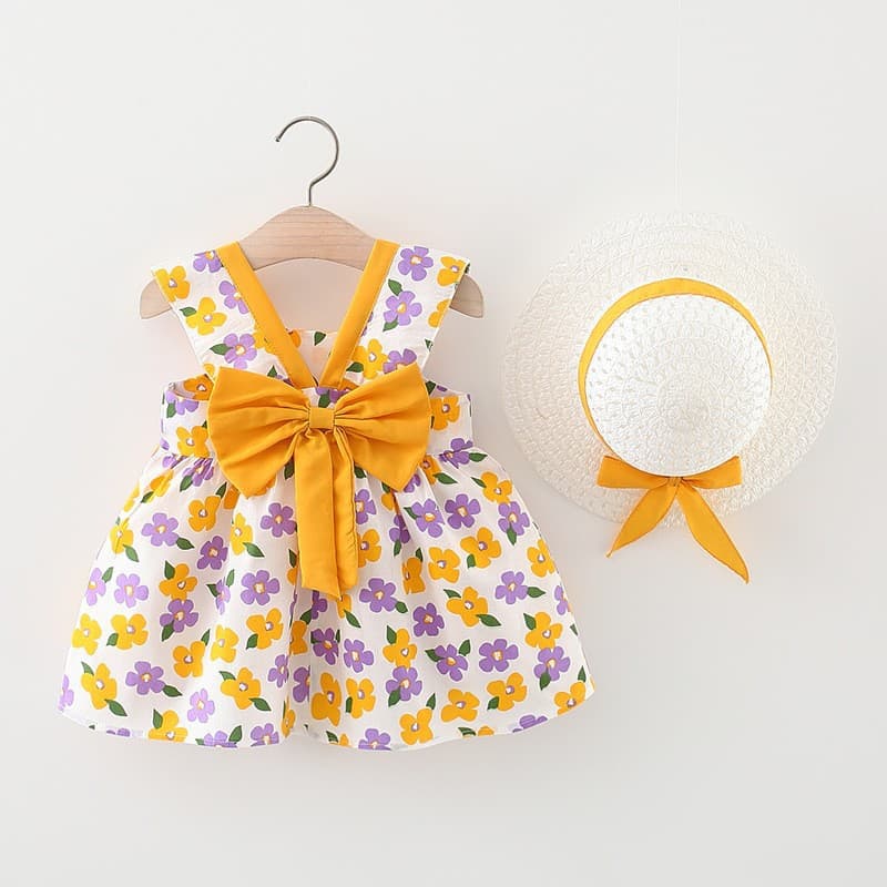 1452 foreign trade children's clothing new summer product baby girl full flower bow dress beach skirt comes with hat