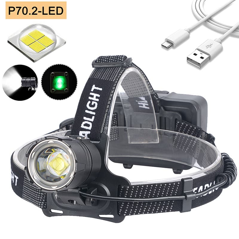 USB Charging LED Headlamp with Magnification Large Lens And Power Display Cross-Border New Model XHP70.2 Lighting Decorations