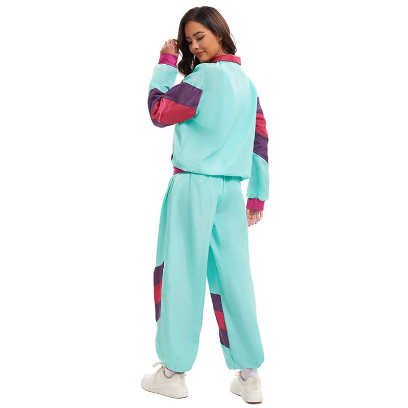 80s Retro Sports Set Contrast Color Patchwork Jacket and Pants Two-Piece Halloween Party Costume