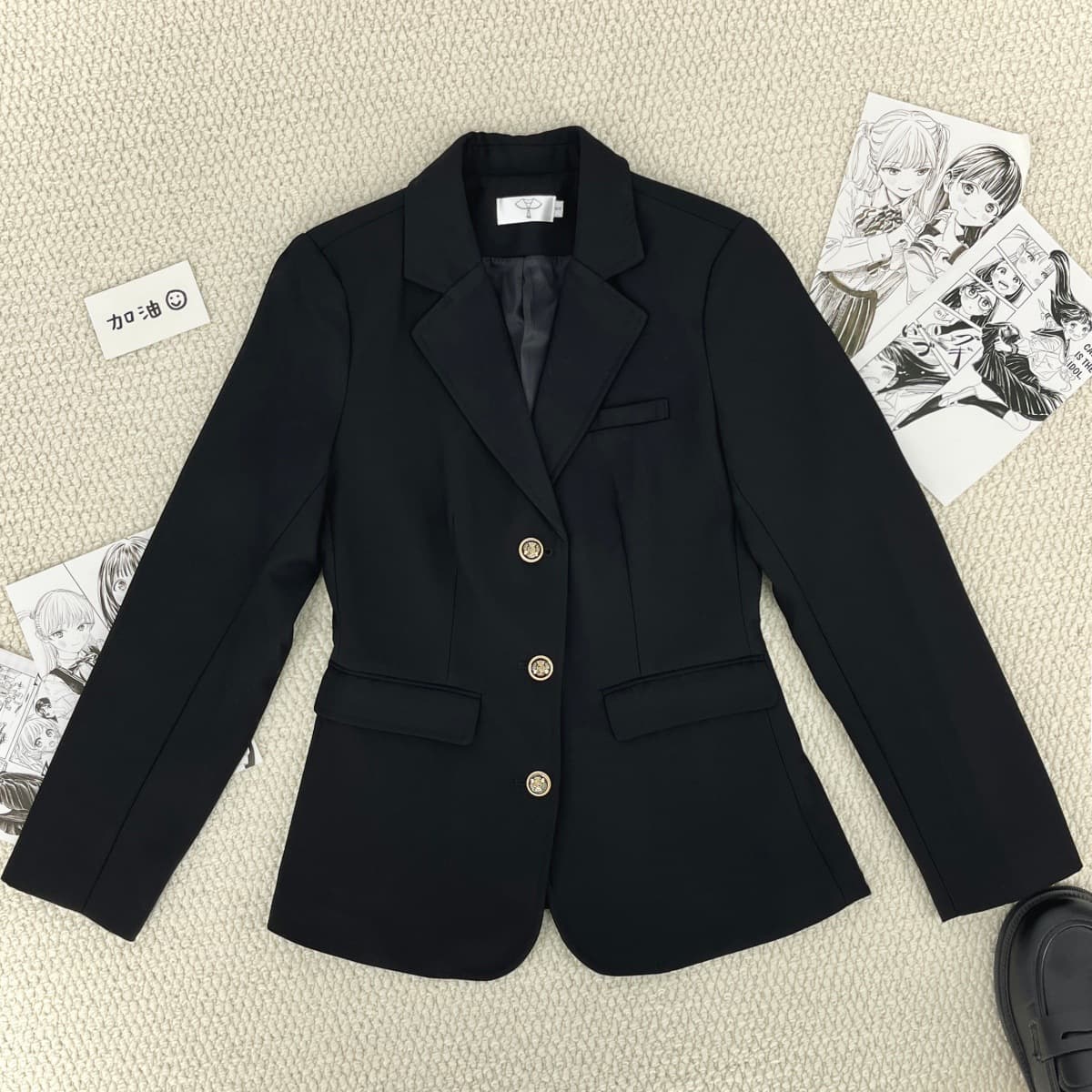 Original design, fitted waist, black three-button suit, Japanese preppy style, autumn/winter JK uniform, slim fit, long sleeves.