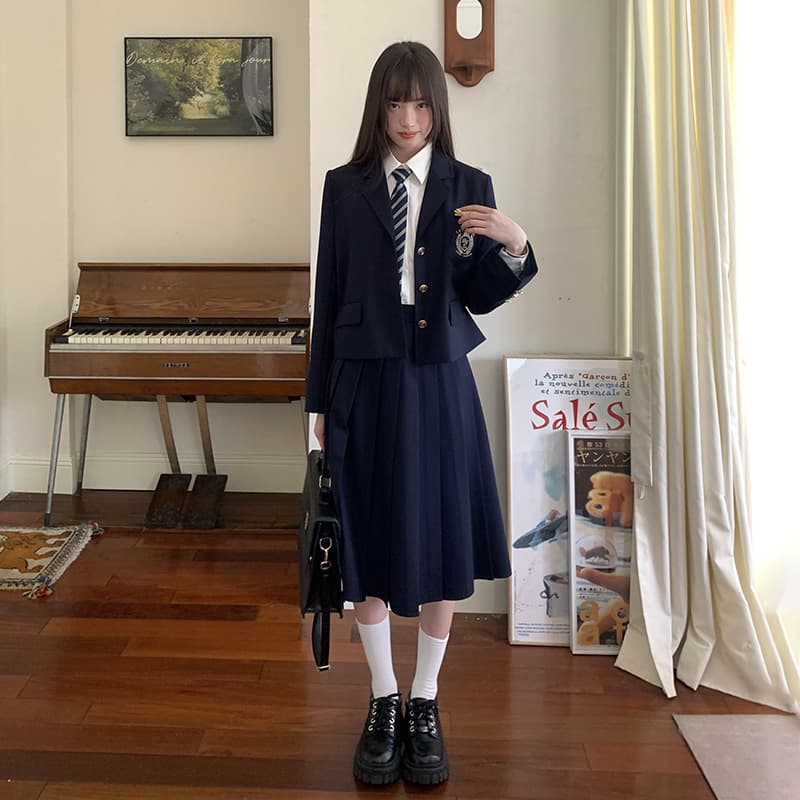 Original navy blue suit jacket, JK uniform style, school uniform, sweet mid-length skirt set for women, Tokyo seasonal memento