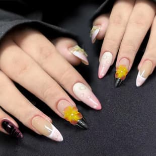 3D Ice Clear Flower Bubble Pink Gradient French Medium-Long Almond Nails European-American Style Removable Press-On Nails 30 Pcs